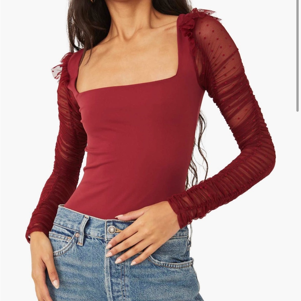 Free People Burgundy Long Sleeve Bodysuit